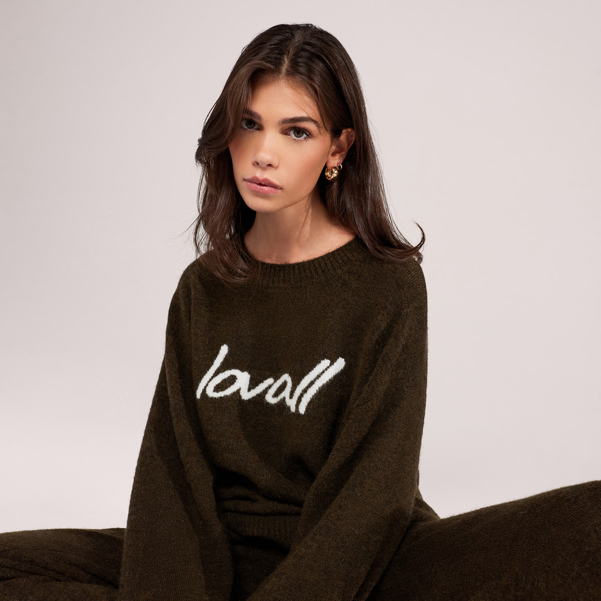 Pull surdimensionné en maille brossée à motif - Vert olive foncé