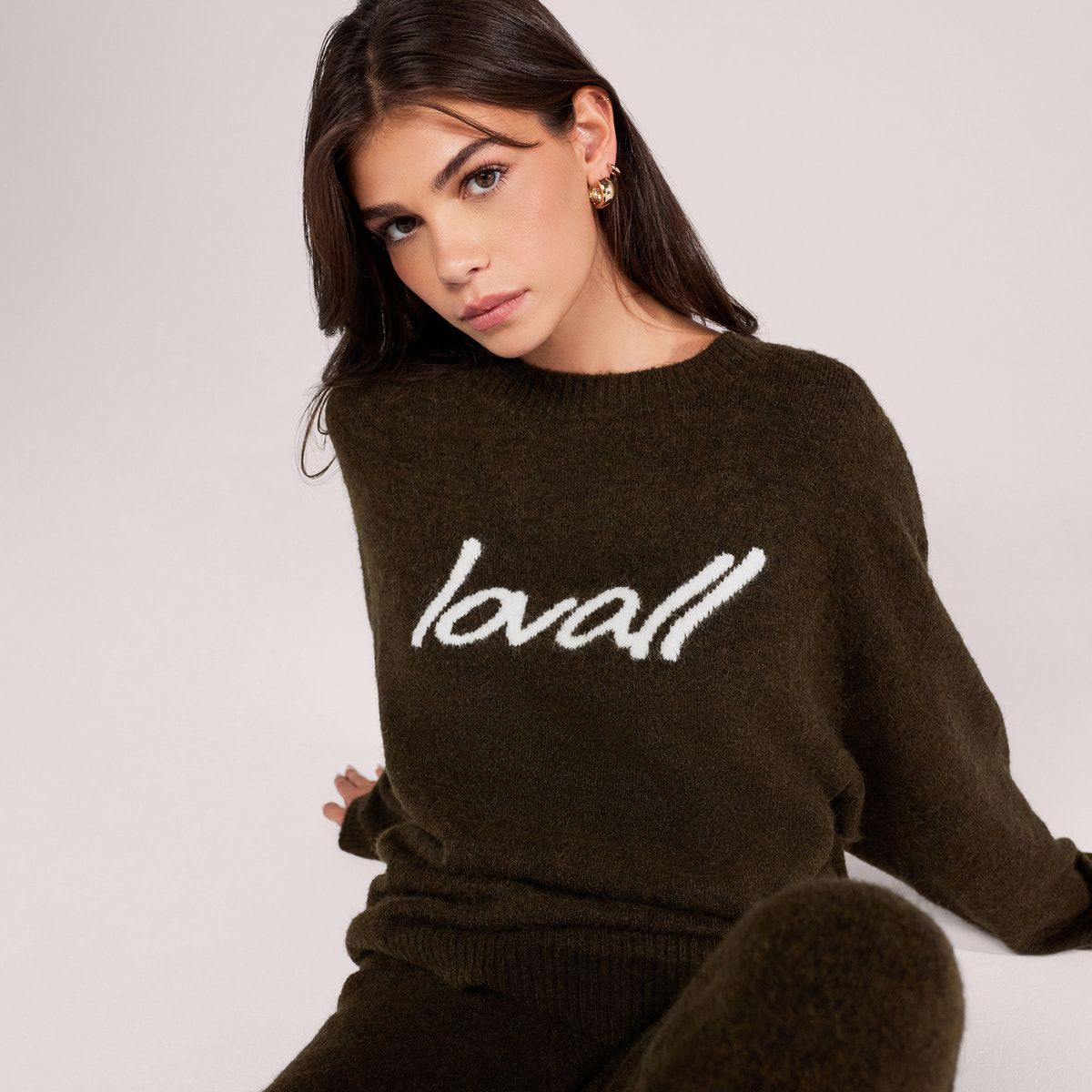 Pull surdimensionné en maille brossée à motif - Vert olive foncé