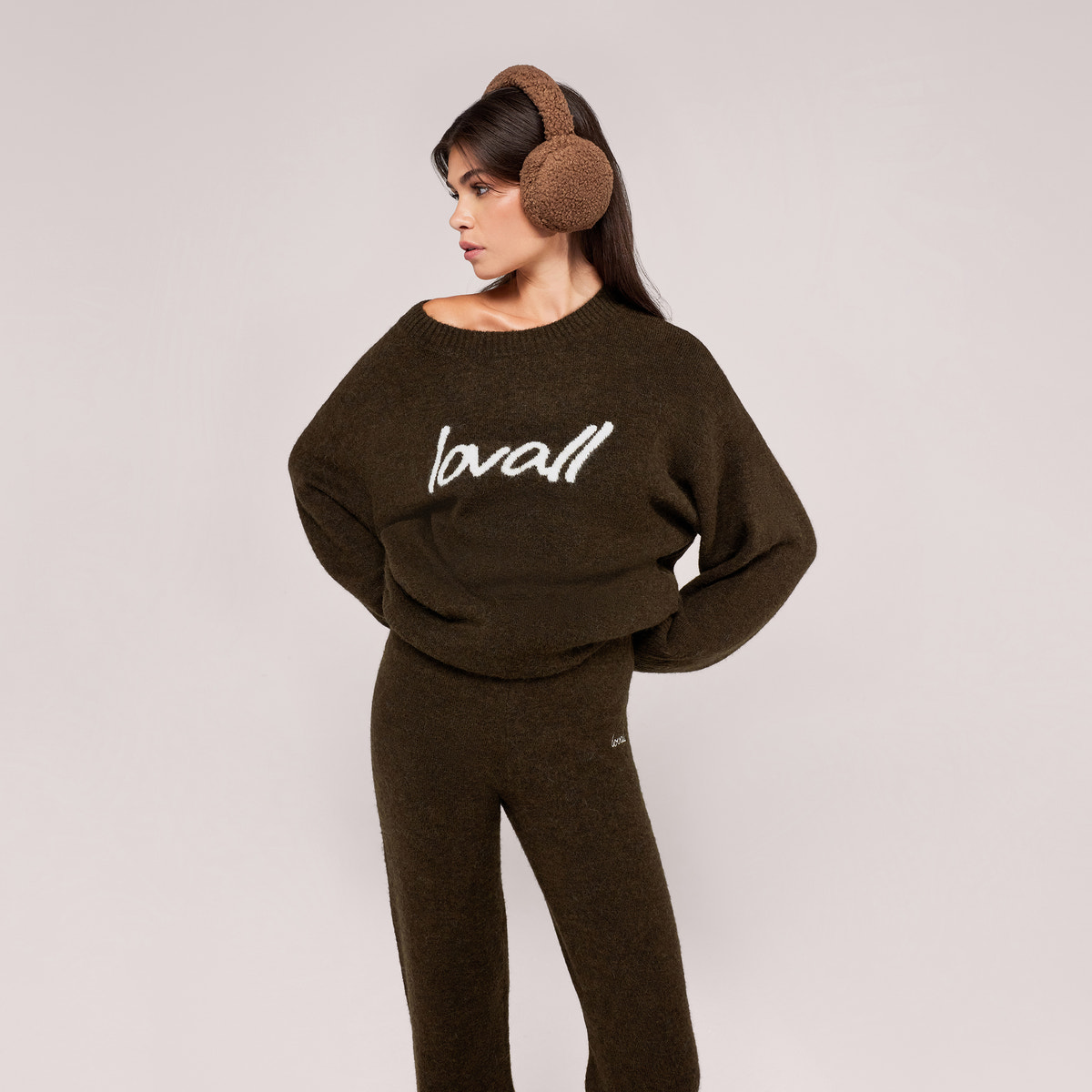 Pull surdimensionné en maille brossée à motif - Vert olive foncé