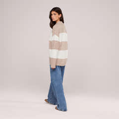 Pull polo oversize en maille brossée - Rayures beiges