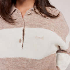 Pull polo oversize en maille brossée - Rayures beiges