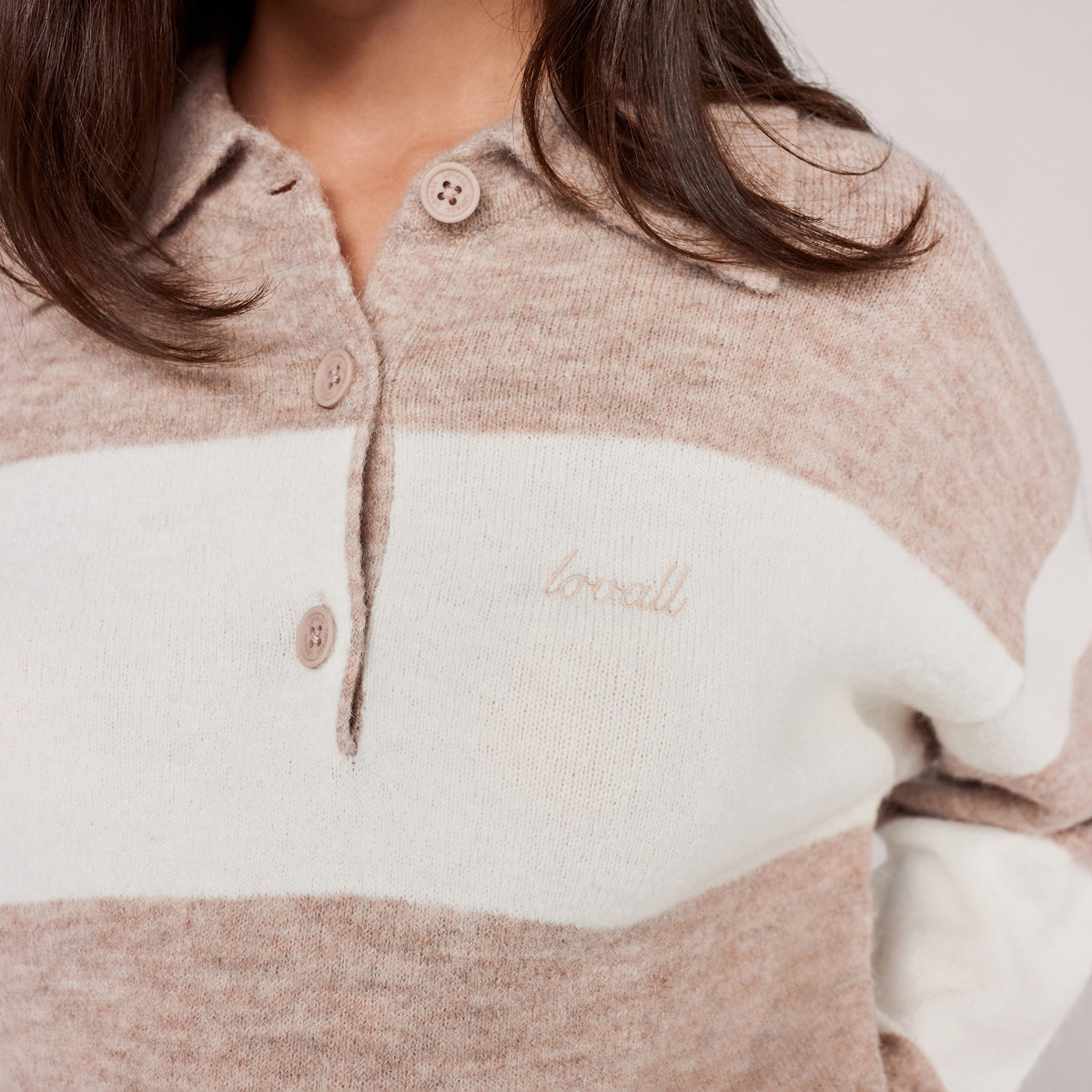Pull polo oversize en maille brossée - Rayures beiges