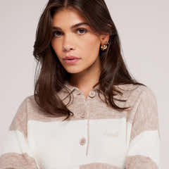 Pull polo oversize en maille brossée - Rayures beiges