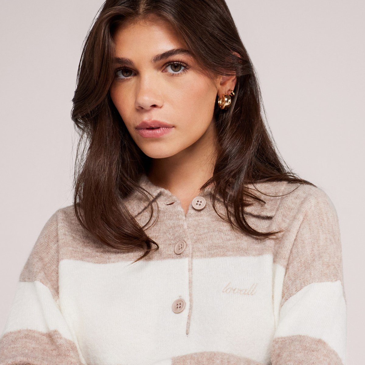 Pull polo oversize en maille brossée - Rayures beiges