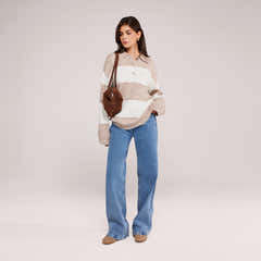 Pull polo oversize en maille brossée - Rayures beiges