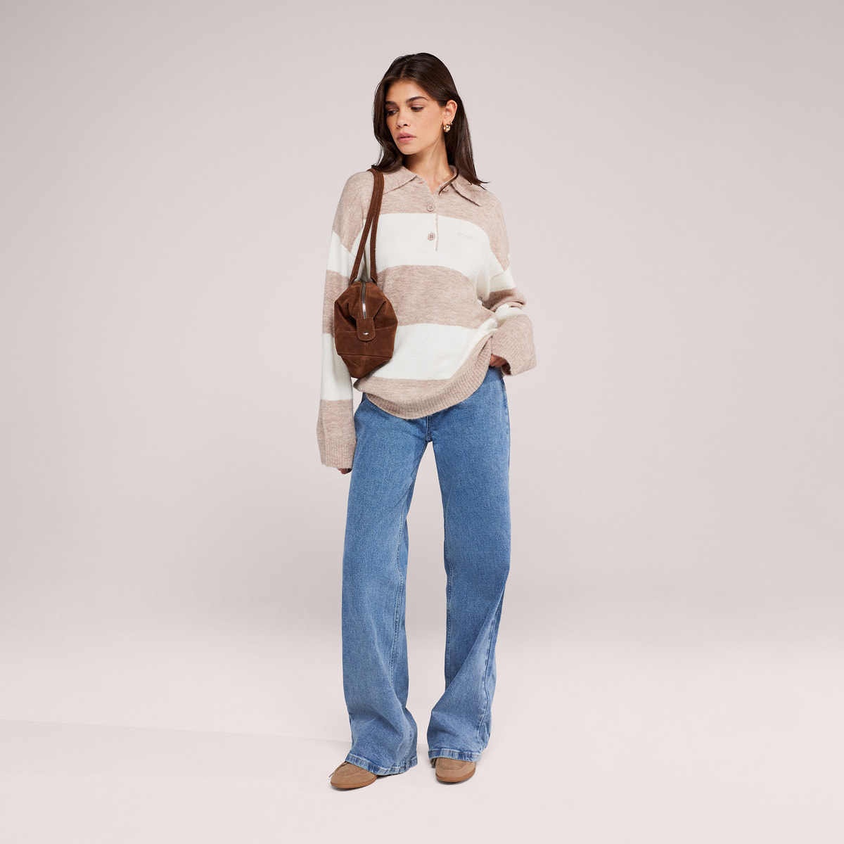 Pull polo oversize en maille brossée - Rayures beiges