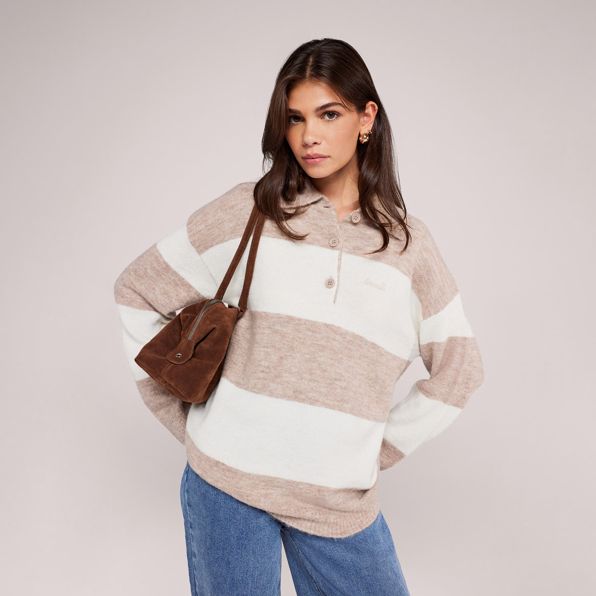 Pull polo oversize en maille brossée - Rayures beiges
