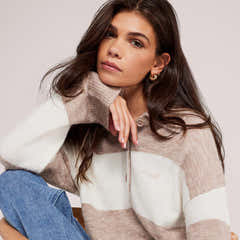 Pull polo oversize en maille brossée - Rayures beiges