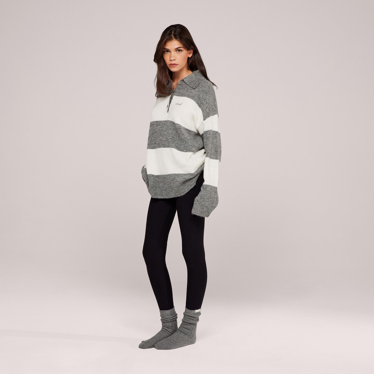 Pull polo oversize en maille brossée - Rayures grises