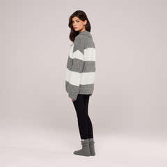 Pull polo oversize en maille brossée - Rayures grises