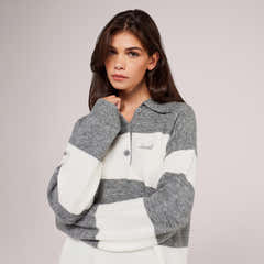 Pull polo oversize en maille brossée - Rayures grises