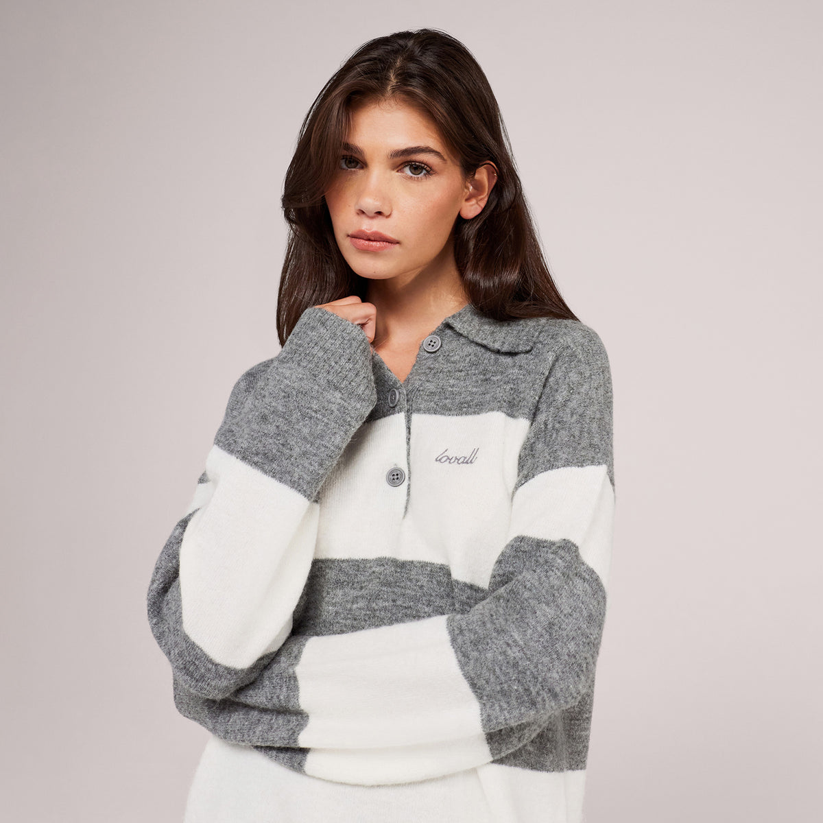 Pull polo oversize en maille brossée - Rayures grises