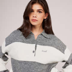 Pull polo oversize en maille brossée - Rayures grises