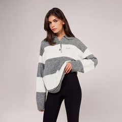 Pull polo oversize en maille brossée - Rayures grises