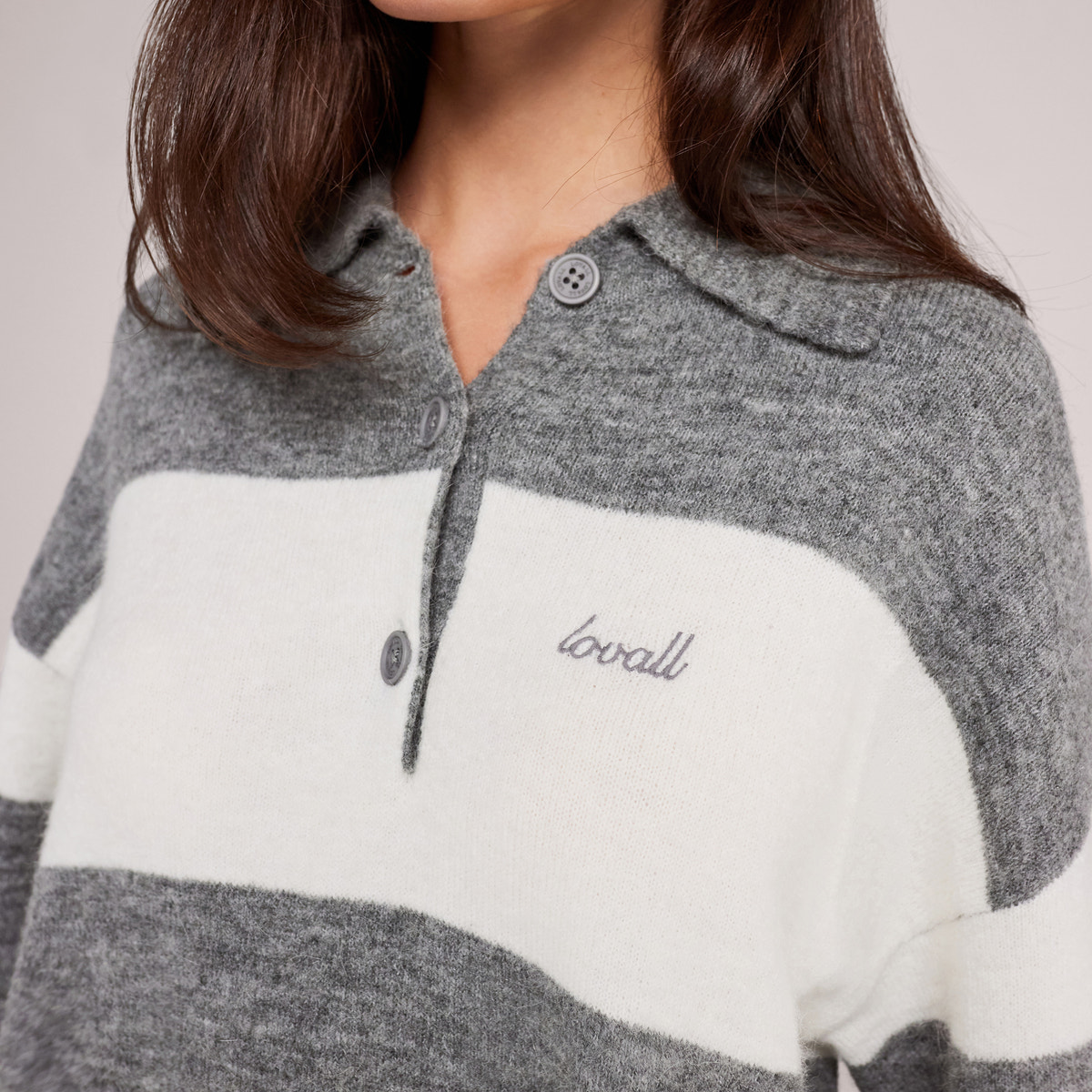 Pull polo oversize en maille brossée - Rayures grises
