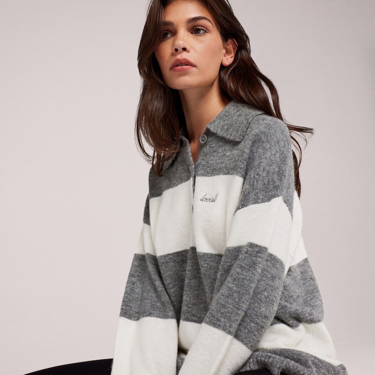 Pull polo oversize en maille brossée - Rayures grises
