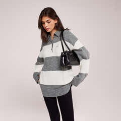 Pull polo oversize en maille brossée - Rayures grises