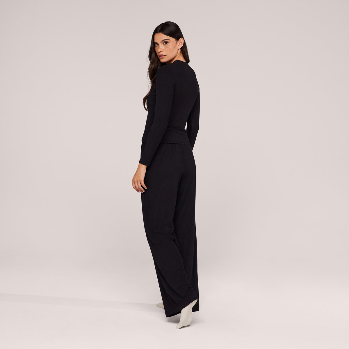 Soft Rib Lounge Wide Leg Bottoms - Black