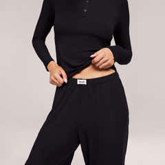 Soft Rib Lounge Wide Leg Bottoms - Black