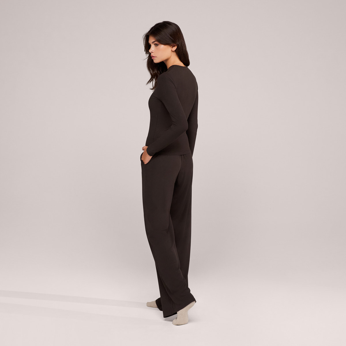 Soft Rib Lounge Wide Leg Bottoms - Black Coffee