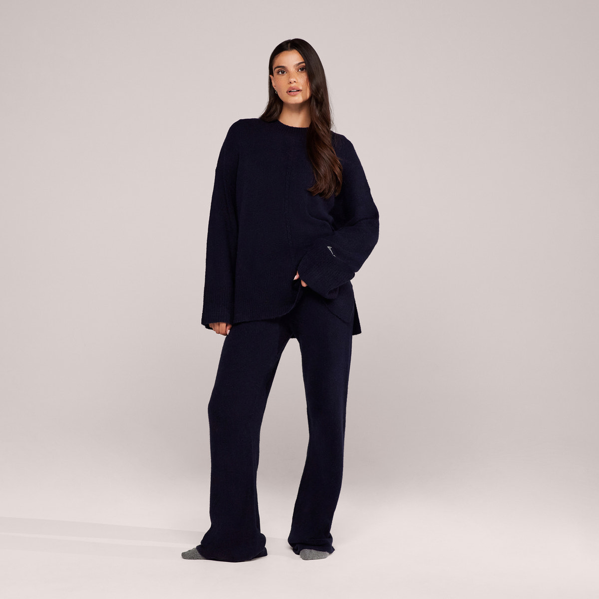 Pull oversize à ourlet fendu en tricot brossé - Marine