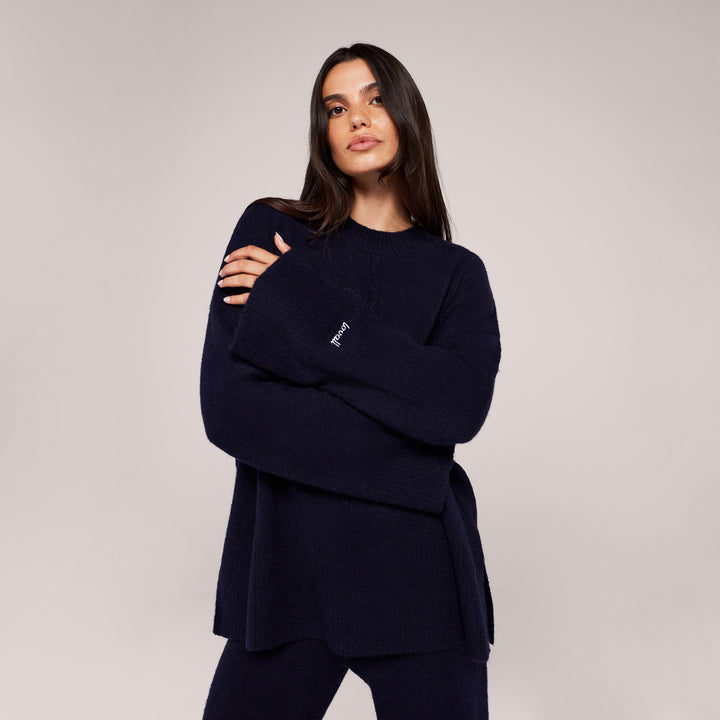 Pull oversize à ourlet fendu en tricot brossé - Marine