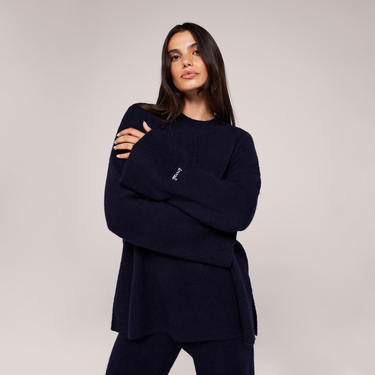 Pull oversize à ourlet fendu en tricot brossé - Marine