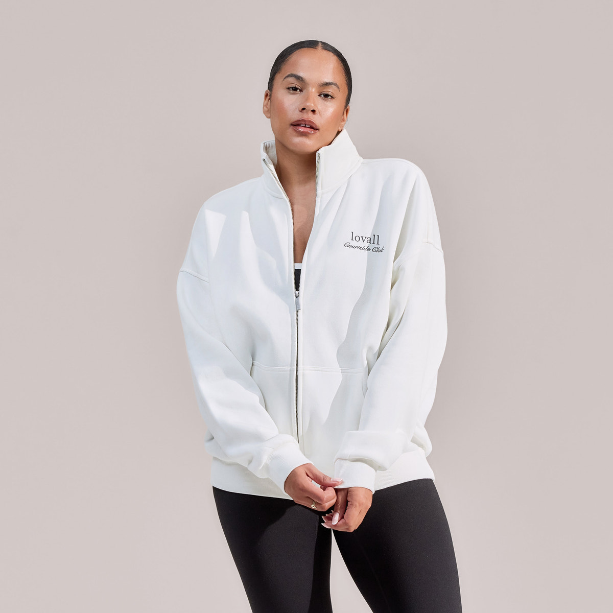 Veste zippée à col cheminée en coton biologique - Blanc cassé