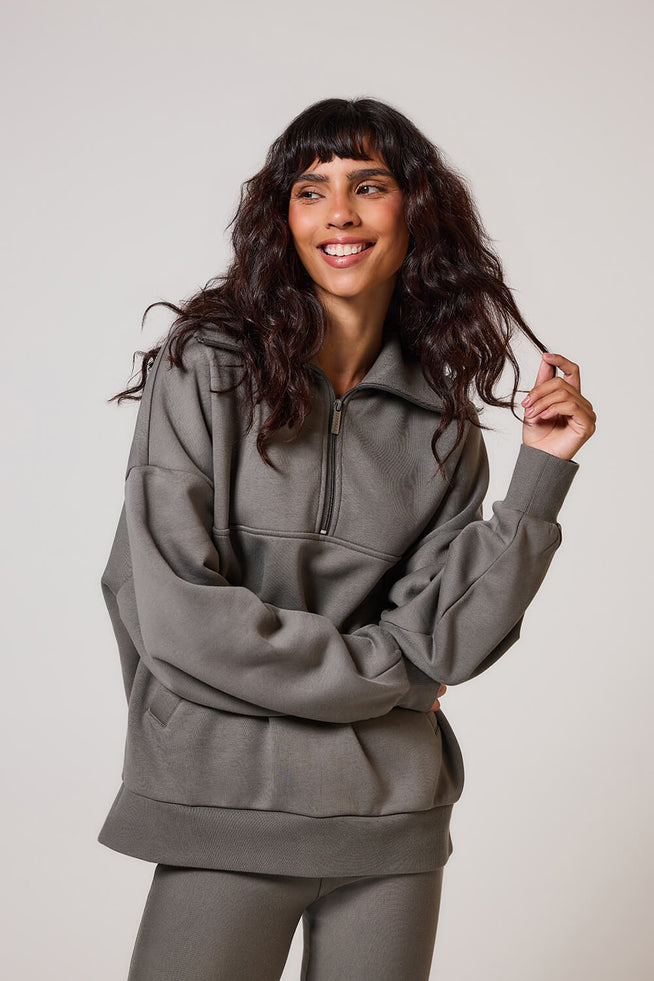 ALL SZN organique Pull Oversize avec Quart de Zip grande taille - Slate Green