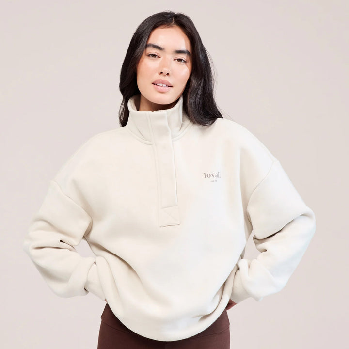 Sweat-shirt lourd avec fermeture éclair 1/4 - Écru