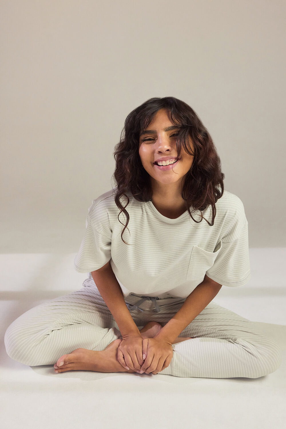 Ensemble de pyjama en coton peigné grande taille - Light Gris Striped