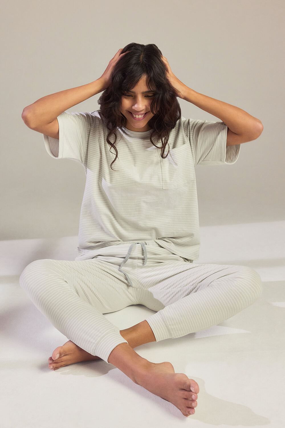 Ensemble de pyjama en coton peigné grande taille - Light Gris Striped