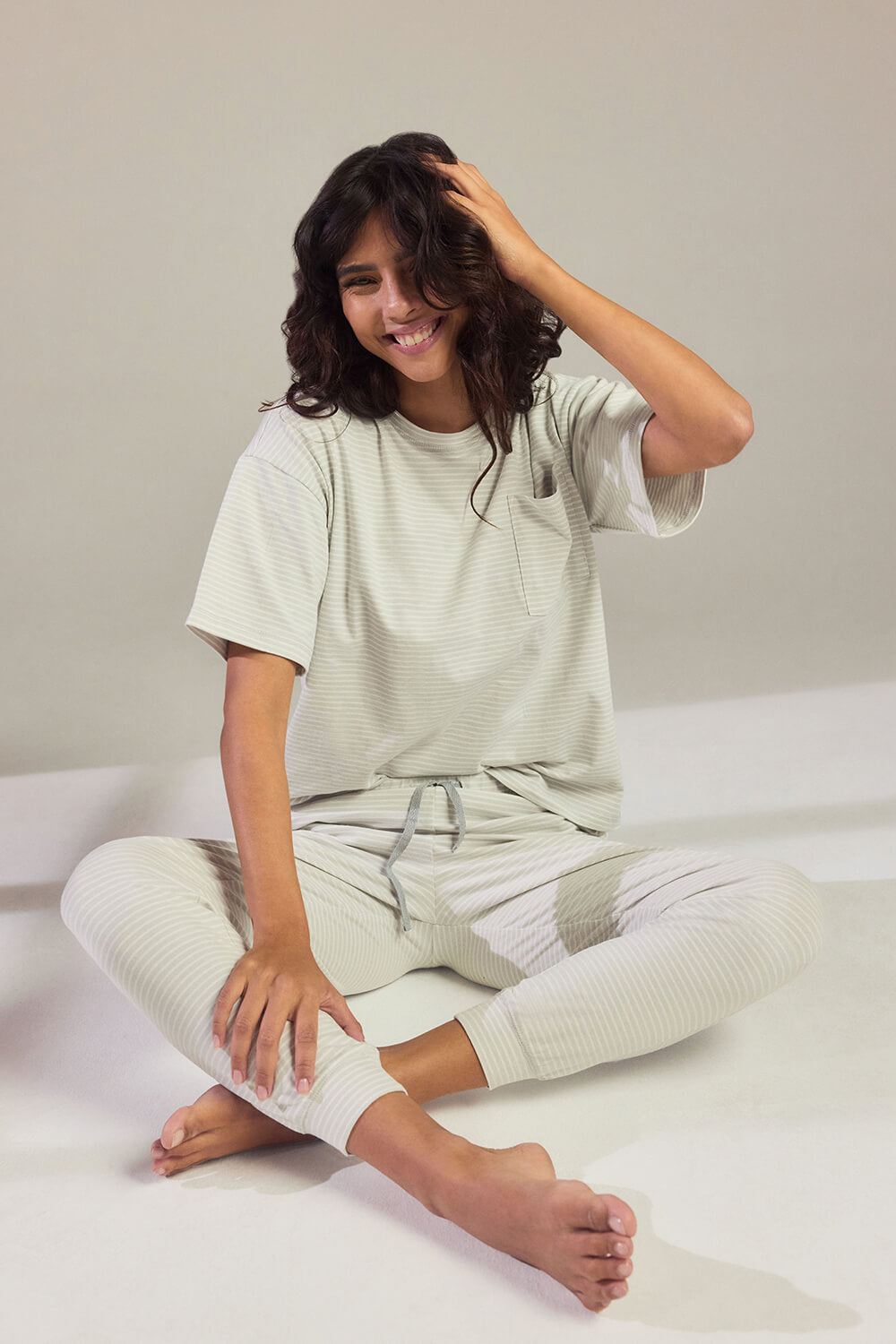 Ensemble de pyjama en coton peigné grande taille - Light Gris Striped