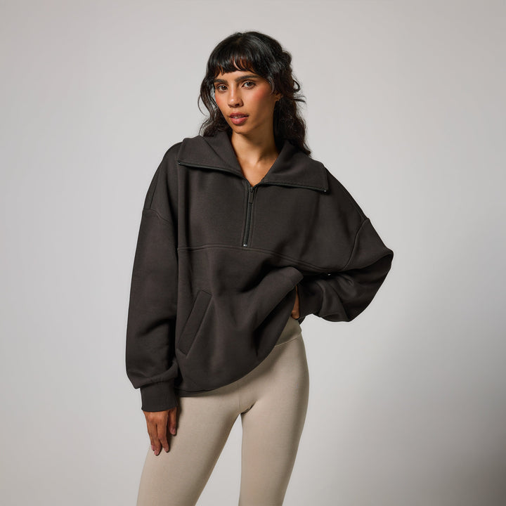 Sweat-shirt surdimensionné à col zippé en coton biologique – Café Noir