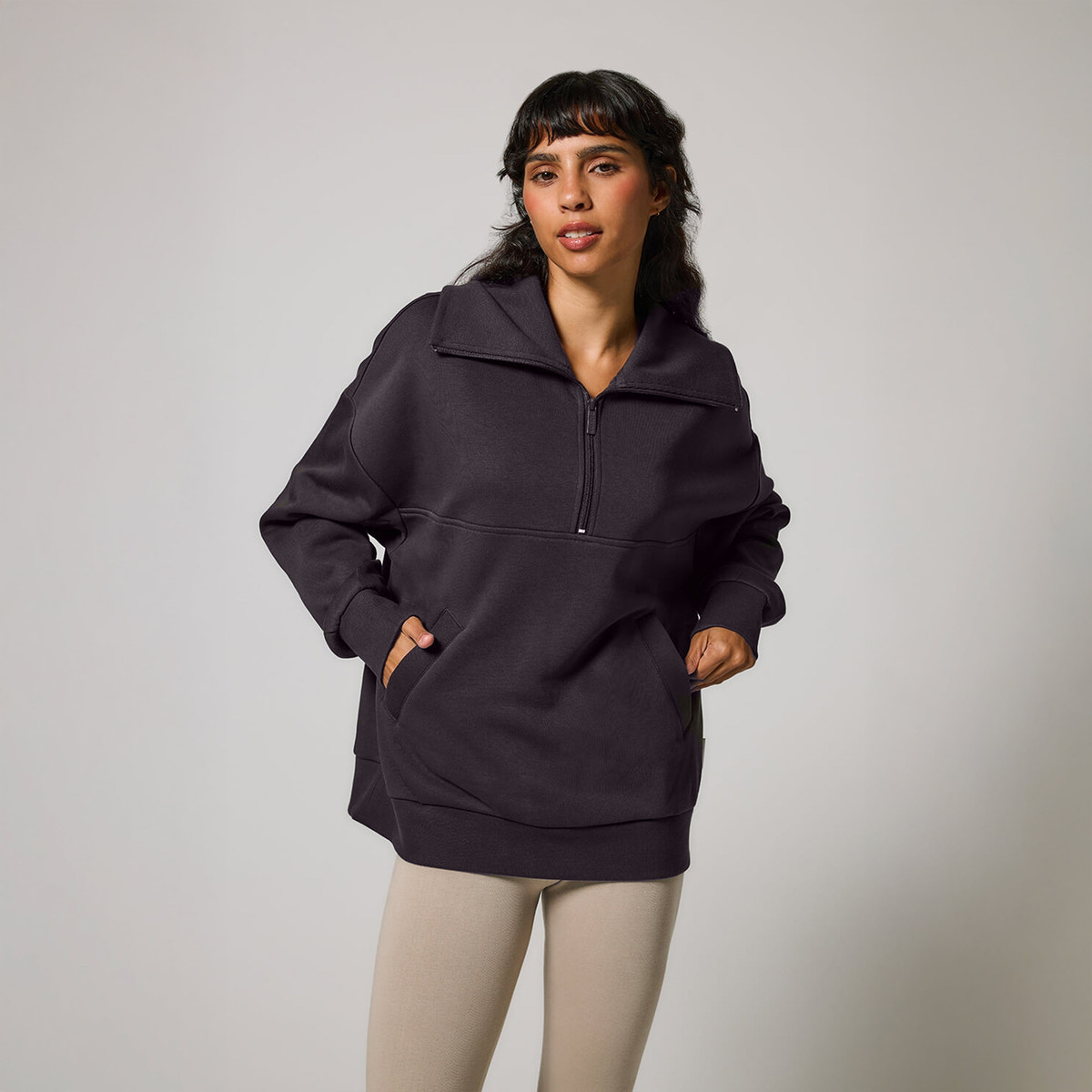 Sweat-shirt surdimensionné à quart de zip en coton biologique - Gris ombre