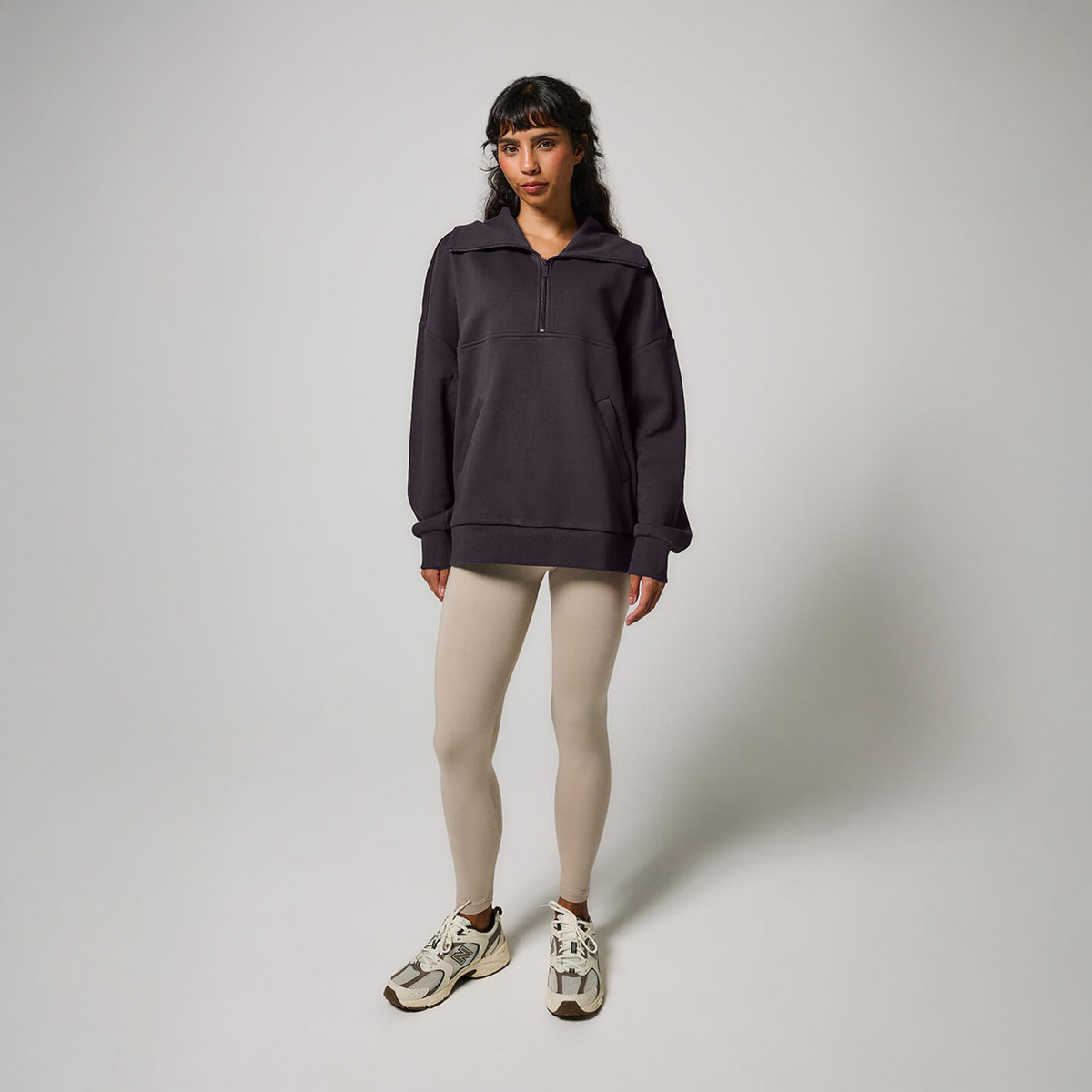 Sweat-shirt surdimensionné à quart de zip en coton biologique - Gris ombre