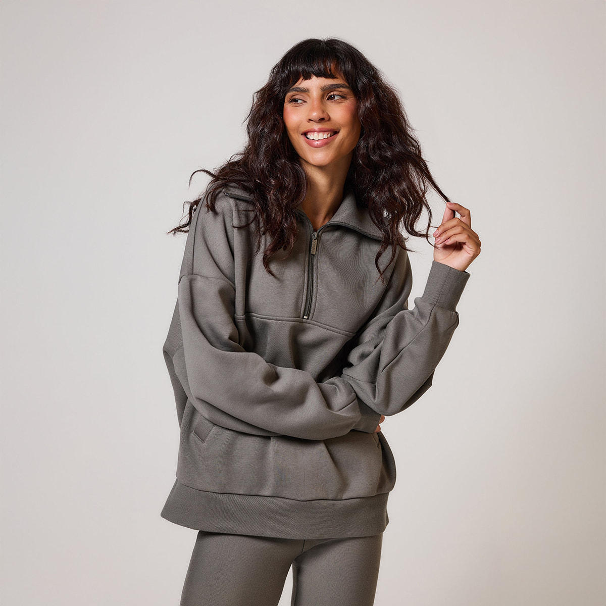 Sweat-shirt surdimensionné en coton biologique avec fermeture éclair 1/4 - Vert ardoise