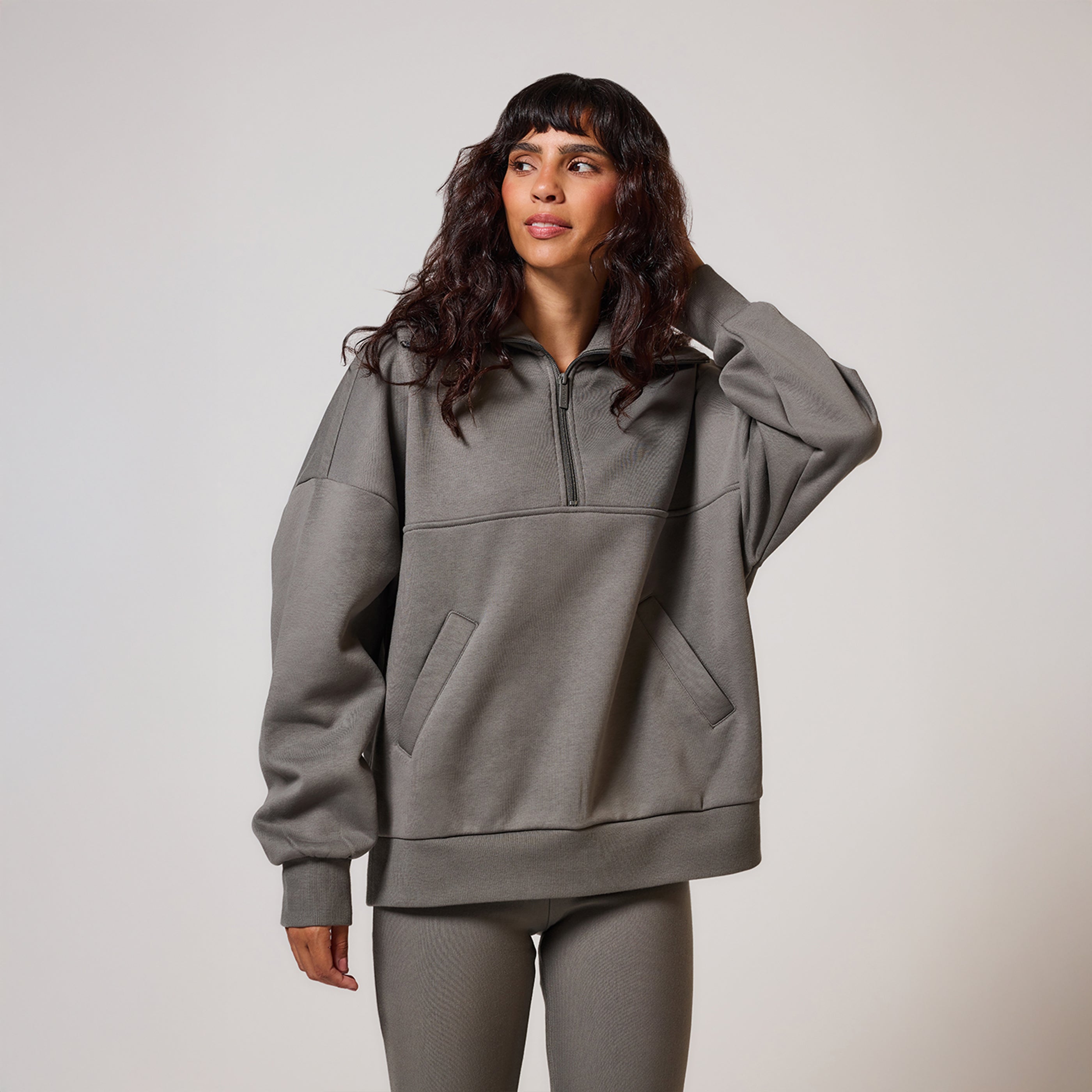 Sweat-shirt surdimensionné en coton biologique avec fermeture éclair 1/4 - Vert ardoise