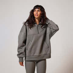 Sweat-shirt surdimensionné en coton biologique avec fermeture éclair 1/4 - Vert ardoise