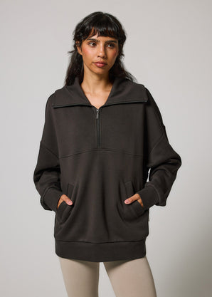 ALL SZN organique Pull Oversize avec Quart de Zip - Black Coffee