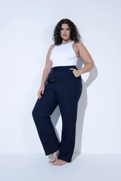 Pantalon en lin grande taille - Marine