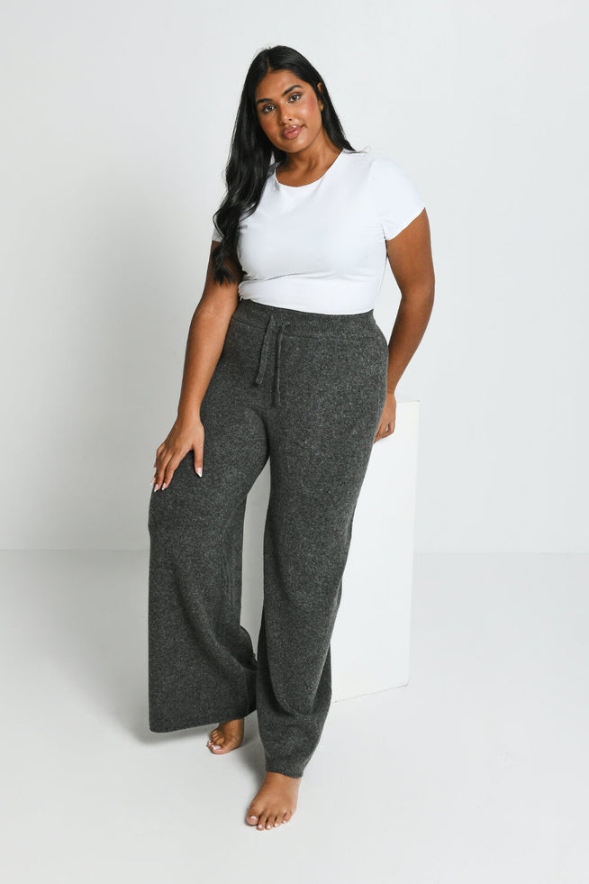 Pantalon lounge évasé maille tricot grande taille - Gris