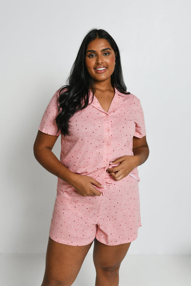 Ensemble de pyjama court à boutonnière pur coton grande taille - Rose Dot