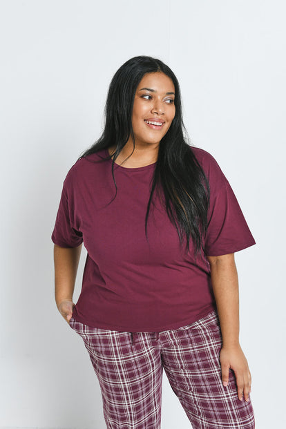 Ensemble de pyjama pur coton grande taille - Burgunder Check